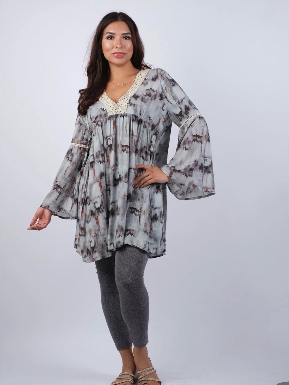 Sacred Threads Abstract Gray Tunic with Flared Sleeves